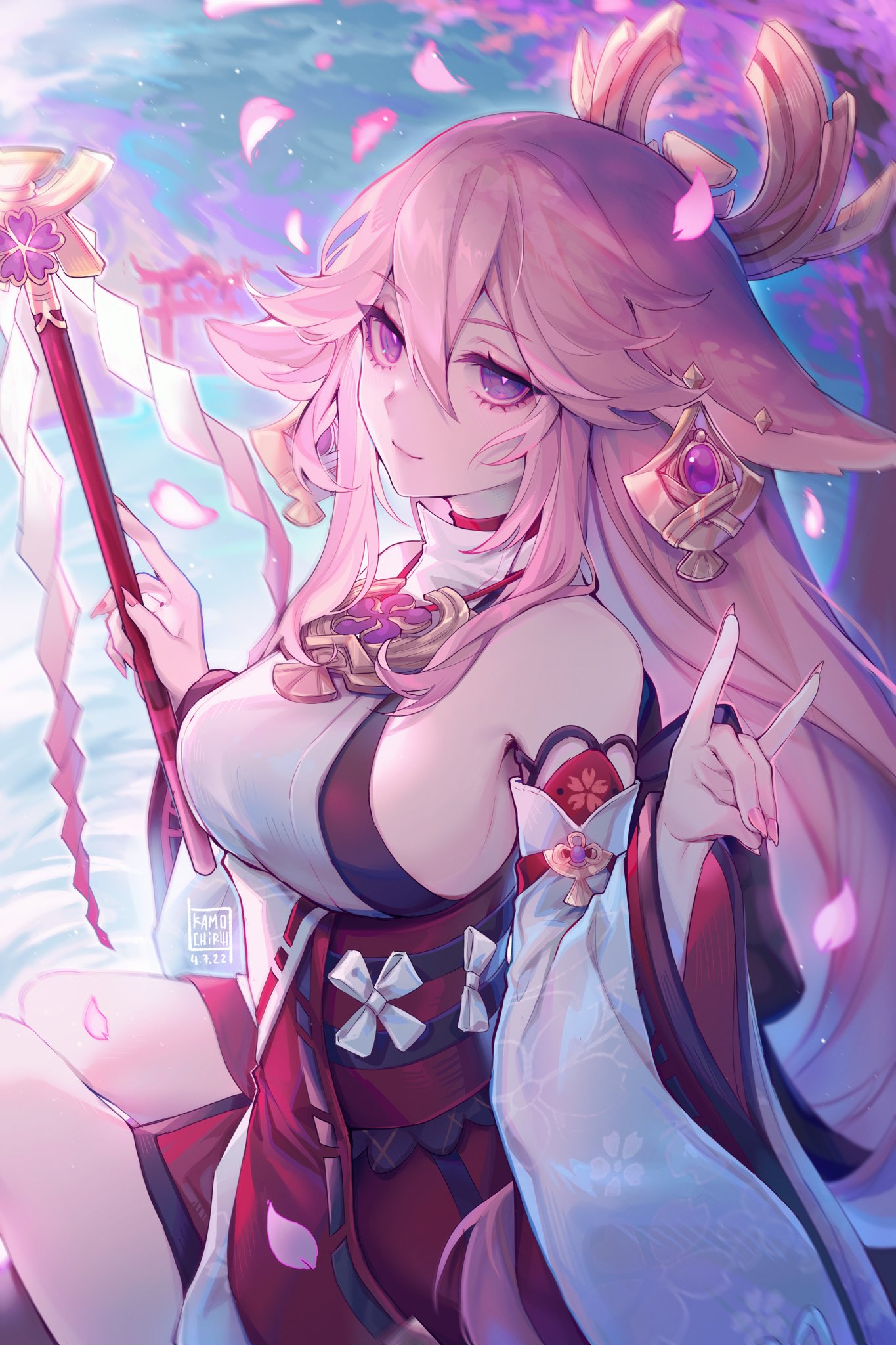 1girl, animal_ears, bare_shoulders, breasts, fox_ears, genshin_impact, hair_between_eyes, half-closed_eyes