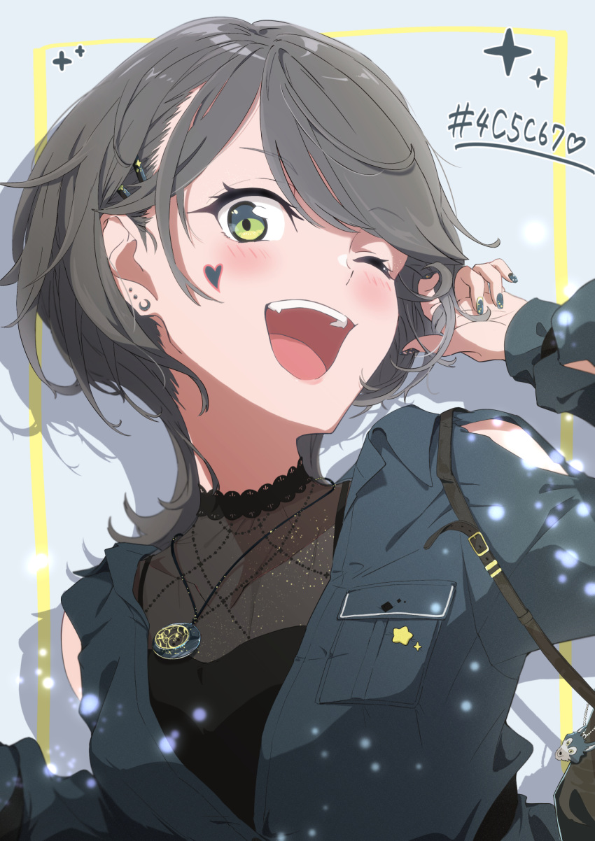 1girl, bag, bangs, black_shirt, blue_jacket, blush, clothing_cutout, commentary_request