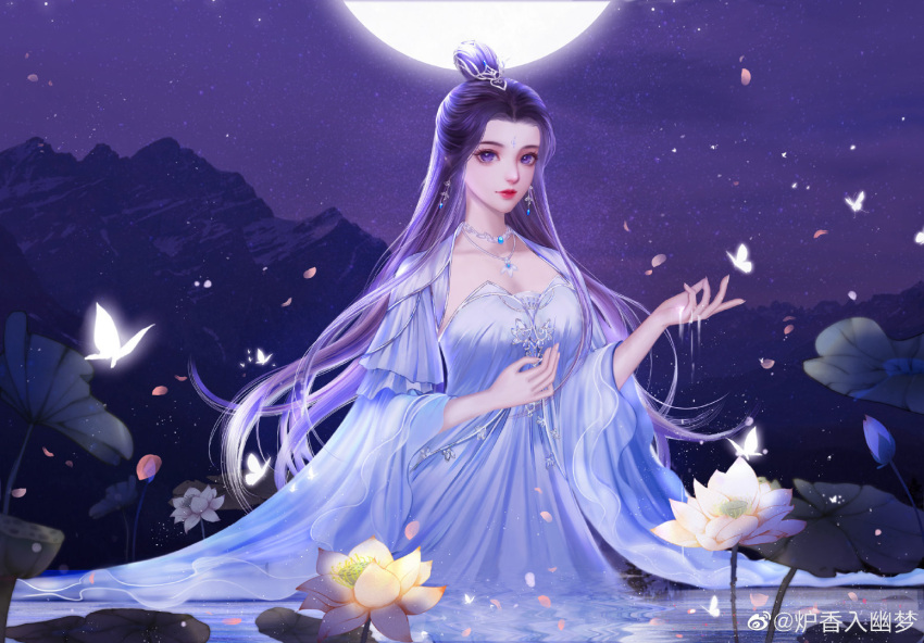 1girl, black_hair, bug, butterfly, dress, earrings, feng_wu_huai_hua_2020, flower