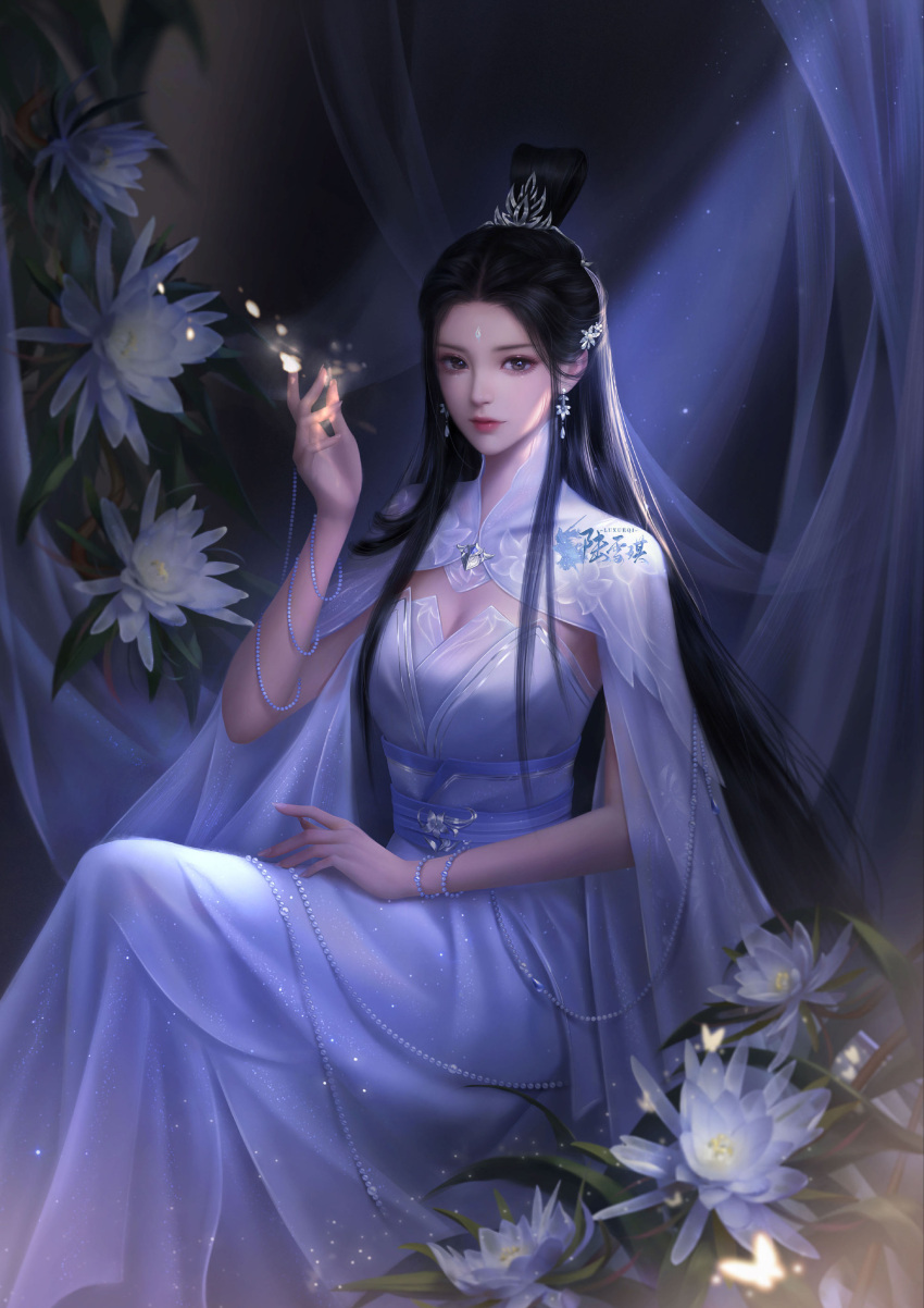 1girl, absurdres, black_hair, curtains, dark_background, dress, feng_wu_huai_hua_2020, flower