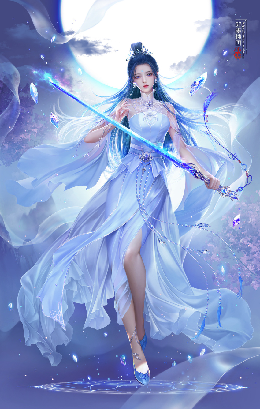 1girl, bare_legs, beads, black_hair, dress, feng_wu_huai_hua_2020, high_heels, highres, long_hair, lu_xueqi_(zhu_xian), moon, sash, shards, solo, step, sword, weapon, white_dress, zhu_xian