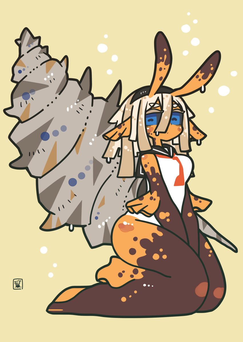1girl, absurdres, antennae, between_legs, black_hairband, black_sclera, blue_eyes, bubble