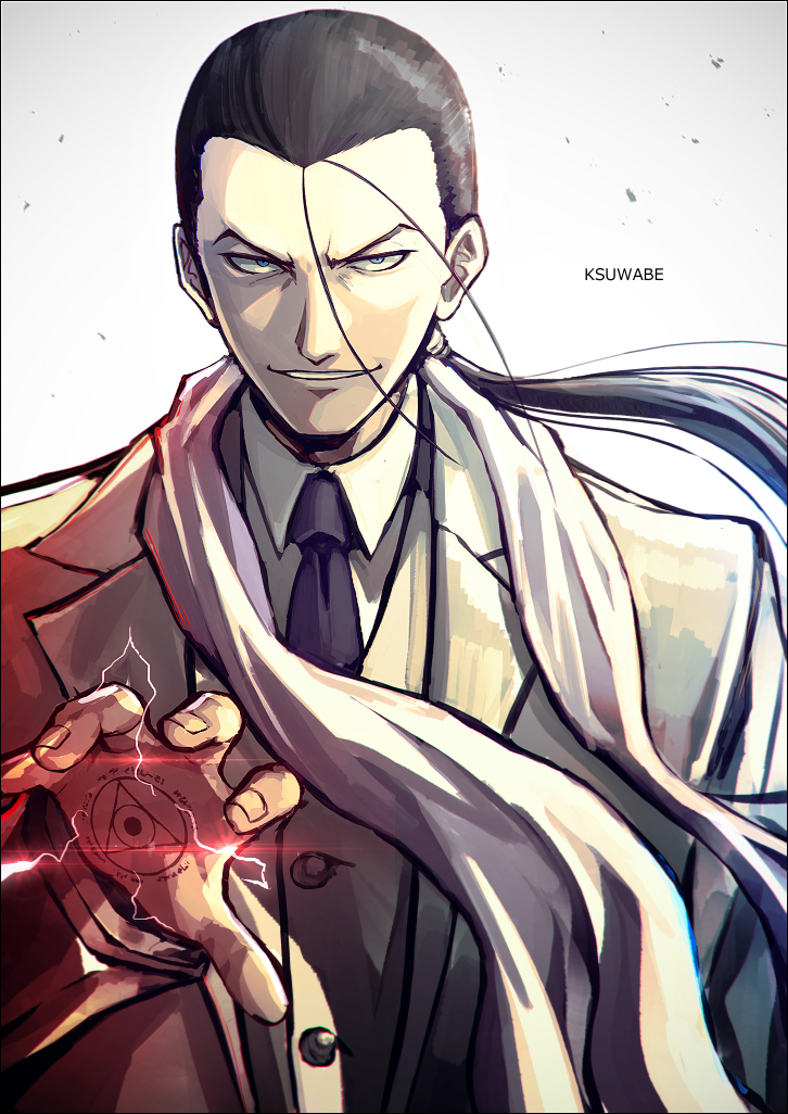 1boy, :d, artist_name, black_hair, black_necktie, blue_eyes, evil_grin, evil_smile