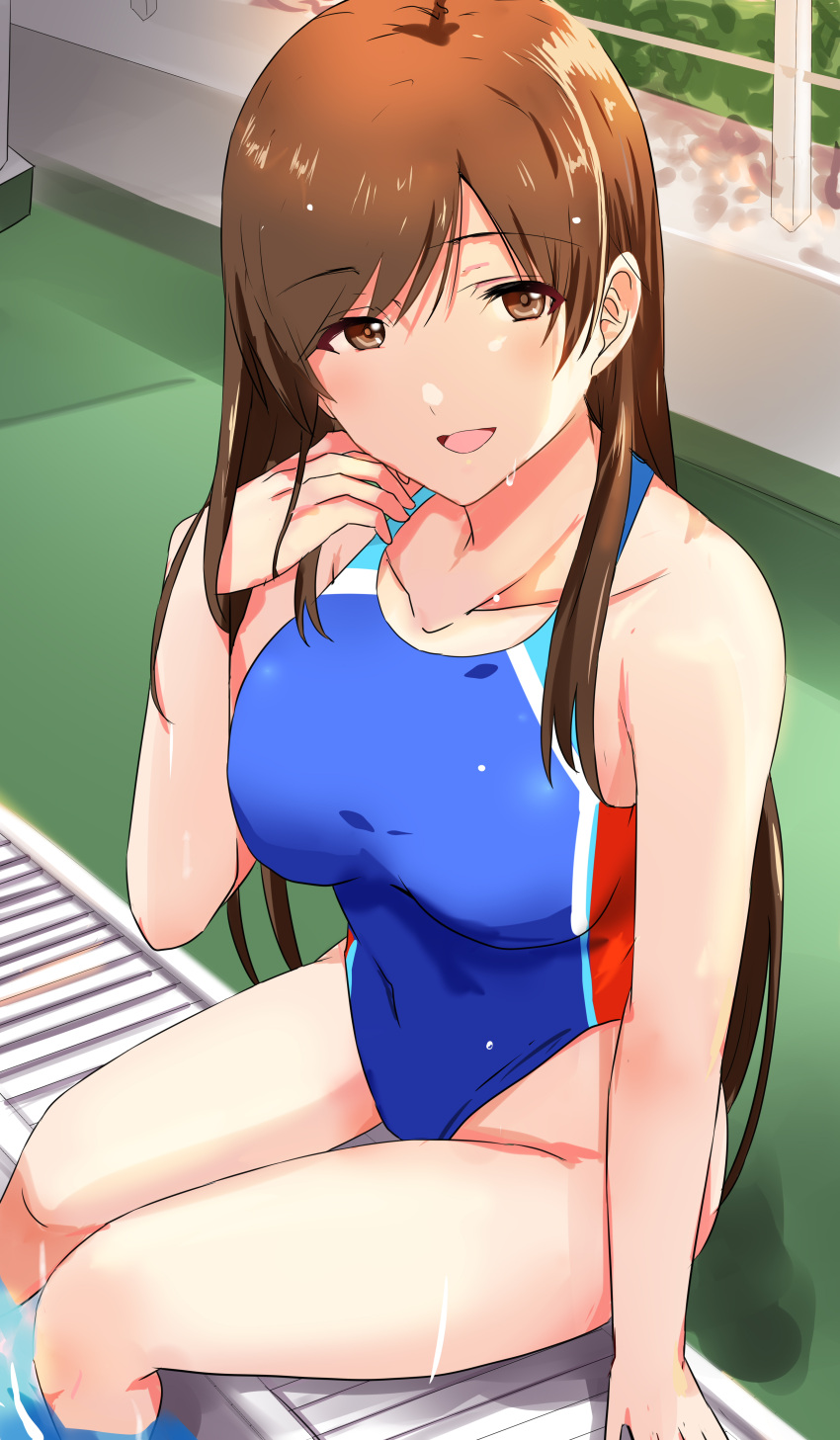 1girl, absurdres, bangs, bare_shoulders, blue_swimsuit, blush, breasts, brown_eyes