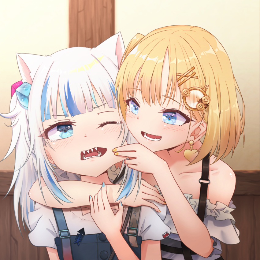 2girls, animal_ears, arm_around_neck, bangs, blonde_hair, blue_eyes, blue_hair, blue_nails, blunt_bangs, blush, cat_ears, cheek_pinching, dress, earrings, eyebrows_visible_through_hair, gawr_gura, hair_ornament, hololive, hololive_english, jewelry, karorena, long_hair, monocle, multicolored_hair, multiple_girls, nail_polish, one_eye_closed, open_mouth, pinching, ponytail, shark_girl, sharp_teeth, short_hair, shoulder_strap, smile, streaked_hair, teeth, virtual_youtuber, watson_amelia, white_hair, yellow_nails