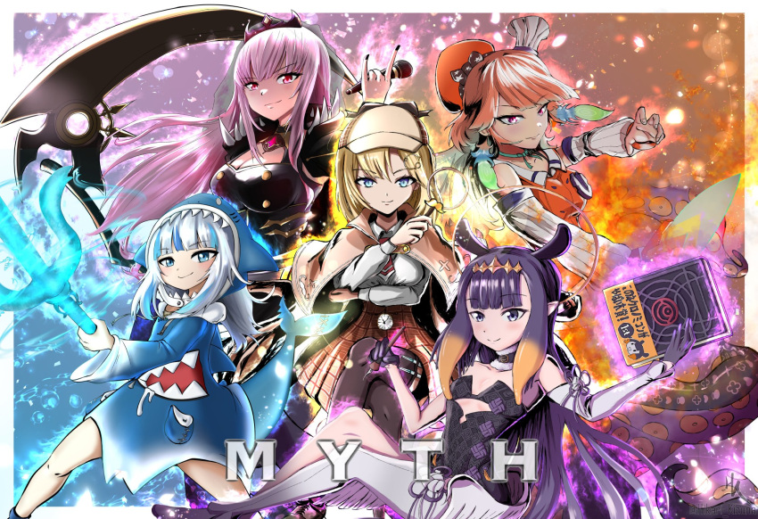 5girls, bangs, blonde_hair, blue_eyes, blue_hair, blue_hoodie, blunt_bangs, book, chef_hat, clock, dress, eyebrows_visible_through_hair, fire, gawr_gura, green_hair, hair_ornament, hat, highres, hikari_kizuna, holding, holding_polearm, holding_weapon, hololive, hololive_english, holomyth, hood, hoodie, long_hair, magnifying_glass, microphone, monocle, monocle_hair_ornament, mori_calliope, multicolored_hair, multiple_girls, ninomae_ina'nis, orange_hair, pink_hair, polearm, purple_hair, scythe, shark_girl, shark_hat, smile, streaked_hair, takanashi_kiara, tentacle_hair, tentacles, trident, virtual_youtuber, water, watson_amelia, weapon, white_hair