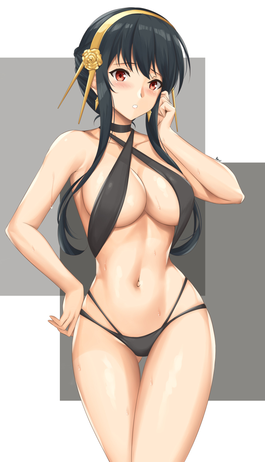 1girl, absurdres, arcie_albano, bangs, bikini, black_bikini, black_choker, black_hair, blush, breasts, choker, cowboy_shot, criss-cross_halter, earrings, gold_earrings, gold_hairband, halterneck, hand_on_hip, hand_on_own_cheek, hand_on_own_face, hand_up, highres, jewelry, large_breasts, long_hair, multi-strapped_bikini, navel, red_eyes, rose_hair_ornament, sidelocks, signature, solo, spikes, spy_x_family, stomach, swimsuit, thigh_gap, thighs, wet, yor_briar