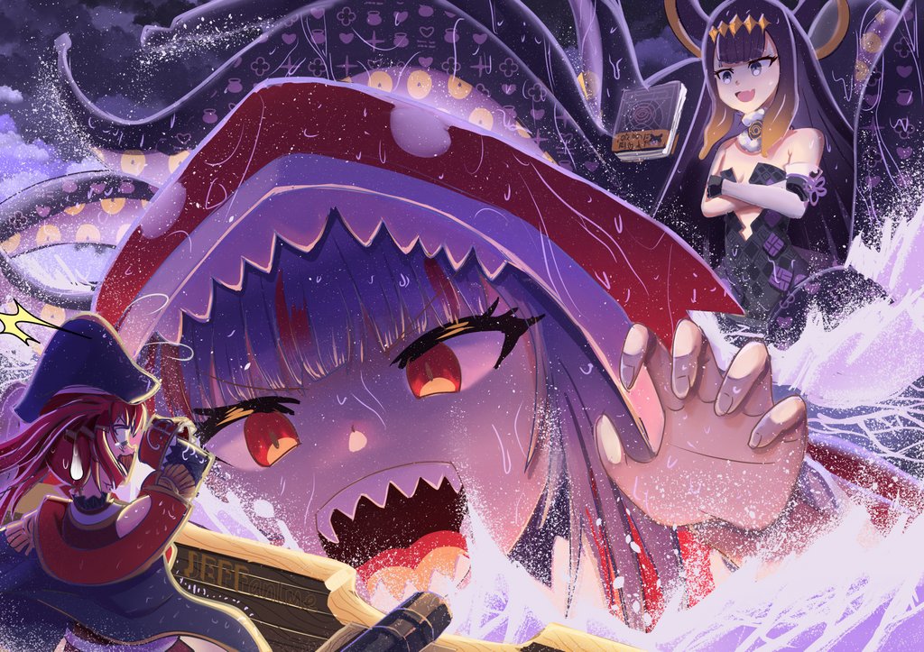 3girls, bangs, black_dress, blue_eyes, blunt_bangs, book, cannon, clouds