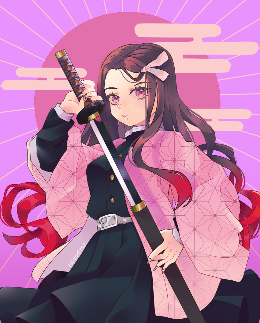 1girl, alternate_costume, artist_name, bangs, bangs_pinned_back, belt, brown_hair, demon_slayer_uniform, dress, fingernails, gradient_hair, hair_ribbon, haori, highres, holding, holding_sword, holding_weapon, isosceless, japanese_clothes, kamado_nezuko, kimetsu_no_yaiba, long_fingernails, long_hair, long_sleeves, looking_at_viewer, multicolored_hair, open_mouth, pink_hair, redhead, ribbon, role_reversal, sheath, smile, swap, sword, triangle_mouth, two-tone_hair, unsheathing, very_long_hair, wavy_hair, weapon, wide_sleeves
