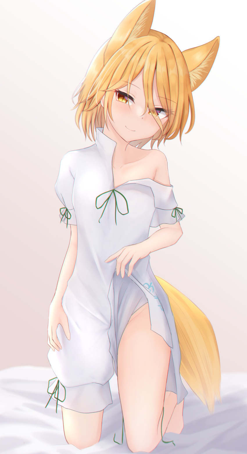 1girl, absurdres, animal_ears, barefoot, bed_sheet, blonde_hair, breasts, closed_mouth