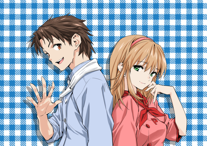 1boy, 1girl, azuma_kazuma, azusagawa_tsukino, back-to-back, brown_hair, commentary_request, green_eyes
