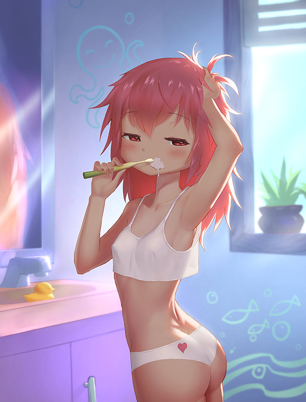 1girl, kaname_madoka, lisong_shen, mahou_shoujo_madoka_magica, non-web_source, panties, pink_eyes, pink_hair, toothbrush, toothbrush_in_mouth, underwear