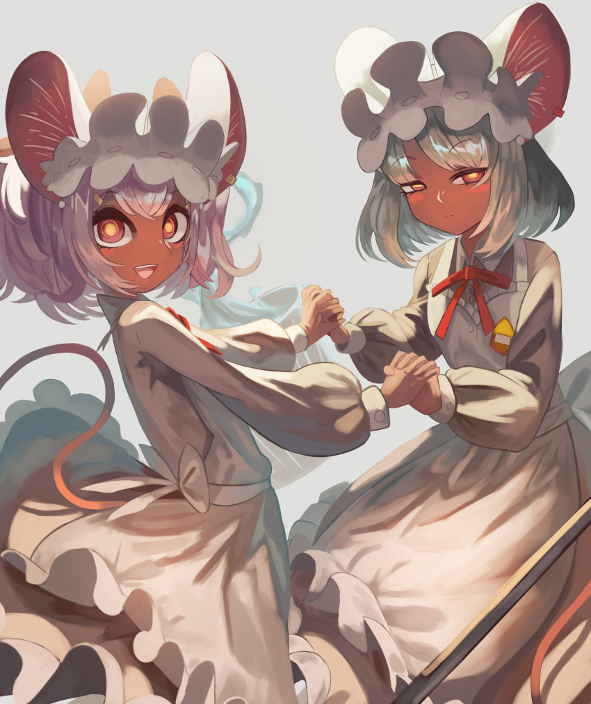 2girls, absurdres, animal_ears, apron, dark-skinned_female, dark_skin, dress, fate/grand_order, fate_(series), grey_dress, highres, holding_hands, long_sleeves, m0_chi, maid, maid_headdress, mouse_ears, mouse_girl, mouse_tail, multiple_girls, red_eyes, riyo_servant_(mice)_(fate), short_hair, tail, white_apron, white_hair