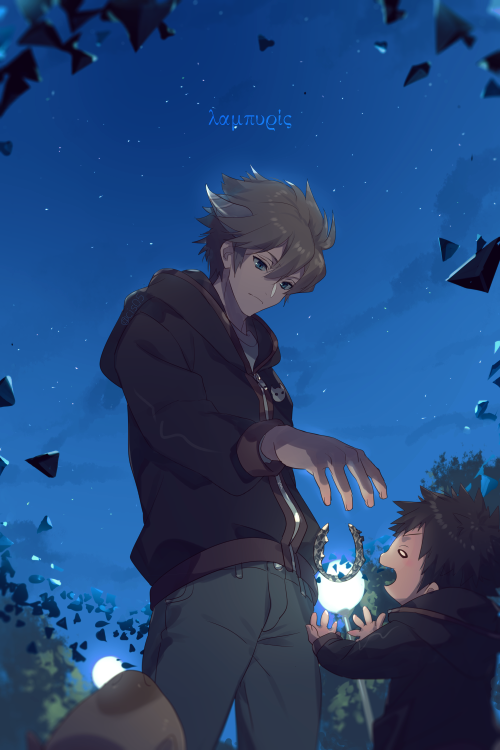 2boys, animal, arm_at_side, bangs, black_jacket, blue_eyes, blue_pants, brown_hair
