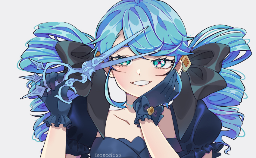 1girl, artist_name, bangs, blue_eyes, blue_hair, blush, bow, collarbone, drill_hair, frilled_gloves, frills, gloves, grin, gwen_(league_of_legends), hair_bow, hairband, hand_on_own_cheek, hand_on_own_face, highres, holding, holding_scissors, isosceless, league_of_legends, long_hair, oversized_object, puffy_short_sleeves, puffy_sleeves, scar, scissors, short_sleeves, smile, smirk, solo, teeth, twin_drills, twintails