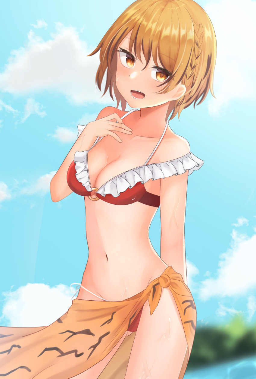 1girl, absurdres, ass_visible_through_thighs, bikini, black_hair, blonde_hair, breasts, clouds