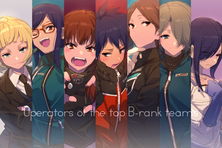 6+girls, ;d, bangs, black_hair, black_jacket, black_necktie, blonde_hair, blue_eyes