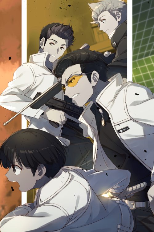 1girl, 3boys, ashes, bangs, belt, black_hair, black_pants, black_shirt