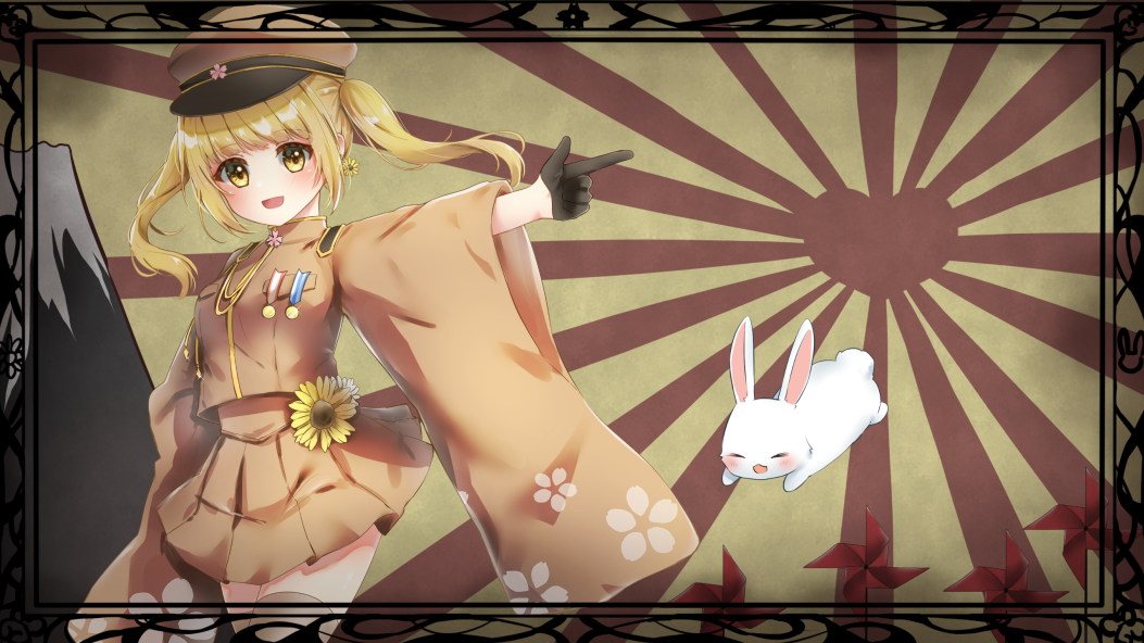 1girl, blonde_hair, brown_headwear, brown_legwear, brown_skirt, flower, medal, michiru_donut