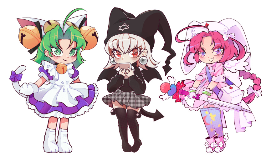 3girls, ahoge, animal_ears, animal_hands, animal_hat, back_bow, bag, bangs