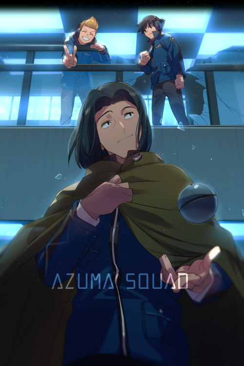 3boys, ^_^, arm_at_side, azuma_haruaki, bangs, black_hair, black_pants, blonde_hair