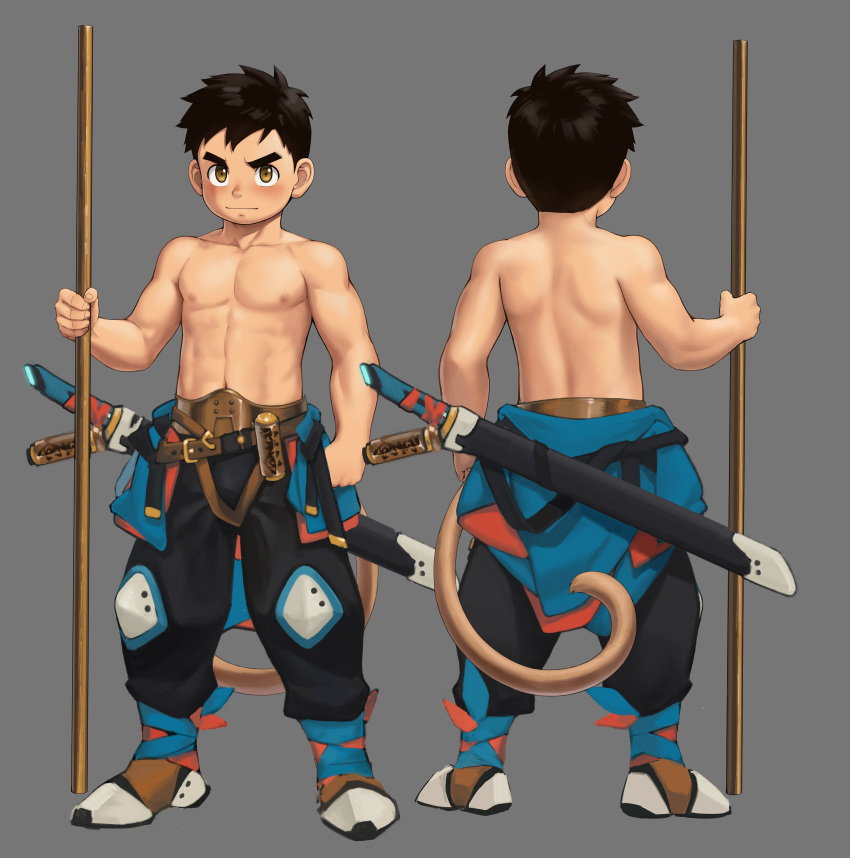1boy, abs, absurdres, bare_arms, bare_pectorals, bare_shoulders, black_hair, black_pants, brown_eyes, closed_mouth, commentary, english_commentary, fairwind, front_to_back, full_body, grey_background, highres, holding, holding_weapon, katana, looking_at_viewer, male_focus, muscular, muscular_shota, original, pants, pectorals, sheath, sheathed, short_hair, simple_background, solo, staff, sword, topless_male, weapon