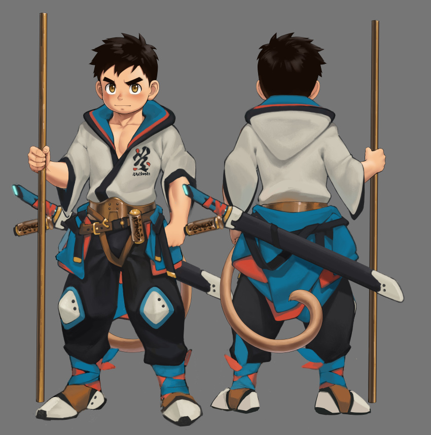 1boy, absurdres, belt, black_hair, black_pants, brown_eyes, closed_mouth, commentary_request, fairwind, front_to_back, full_body, grey_background, highres, holding, holding_weapon, hood, hood_down, katana, male_focus, muscular, muscular_shota, original, pants, profile, sheath, sheathed, short_hair, short_sleeves, simple_background, solo, staff, standing, sword, thick_eyebrows, weapon