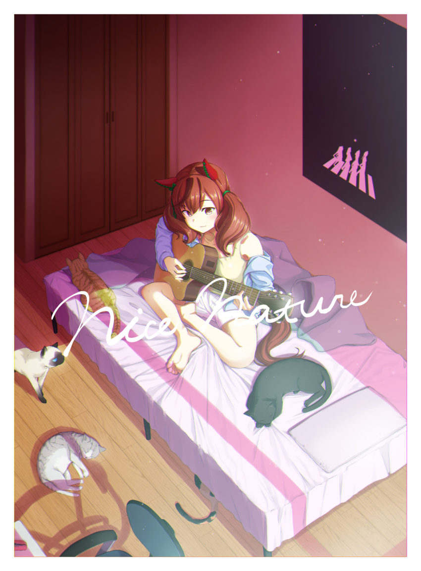 1girl, abbey_road, absurdres, animal_ears, bangs, barefoot, bed, bed_sheet, blue_jacket, brown_eyes, brown_hair, cat, chair, character_name, closed_mouth, closet, ear_covers, full_body, guitar, highres, horse_ears, horse_girl, horse_tail, indoors, instrument, jacket, kuroneko_(kuroneko3zizi), long_hair, long_sleeves, multicolored_hair, music, nice_nature_(umamusume), off_shoulder, office_chair, pillow, playing_instrument, poster_(object), shadow, shorts, sitting, smile, solo, streaked_hair, tail, tank_top, twintails, umamusume, white_shorts