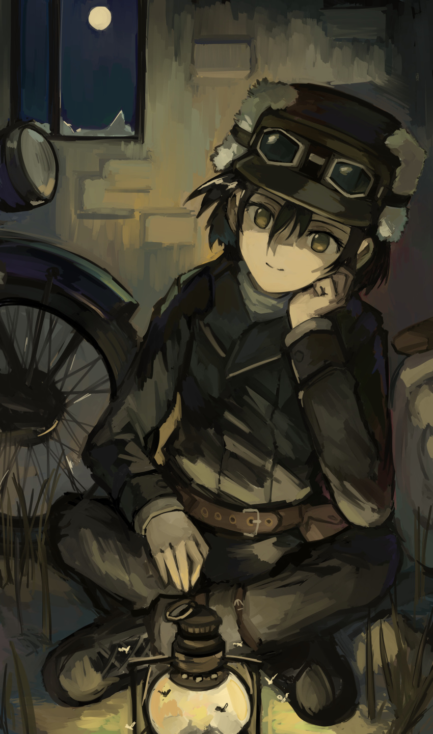 1girl, absurdres, androgynous, arm_support, bangs, belt, belt_buckle, belt_pouch, black_footwear, black_hair, black_jacket, boots, brick_wall, broken_glass, broken_window, brown_belt, buckle, closed_mouth, fireflies, full_moon, fur_hat, glass, goggles, goggles_on_headwear, green_eyes, ground_vehicle, hair_between_eyes, hand_on_lap, hat, head_rest, hermes_(kino_no_tabi), highres, indian_style, jacket, kino_(kino_no_tabi), kino_no_tabi, kornod, lantern, light_smile, long_sleeves, moon, motor_vehicle, motorcycle, night, on_ground, pouch, short_hair, sitting, smile, solo, tomboy, underlighting, ushanka