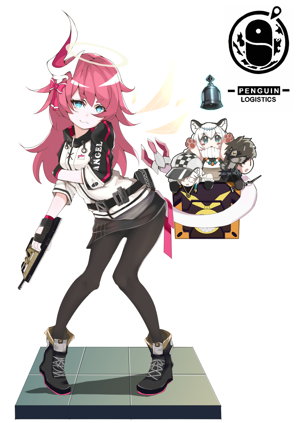 1boy, 3girls, :3, animal_ears, arknights, bangs, bell, black_footwear