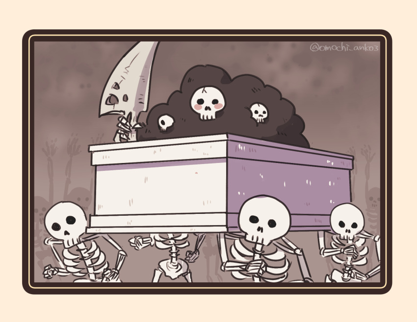 blush, border, dancing, dancing_pallbearers_(meme), dark_souls_(series), dark_souls_i, gravelord_nito, highres, holding, holding_sword, holding_weapon, meme, omochi_anko3, skeleton, skull, sword, twitter_username, weapon