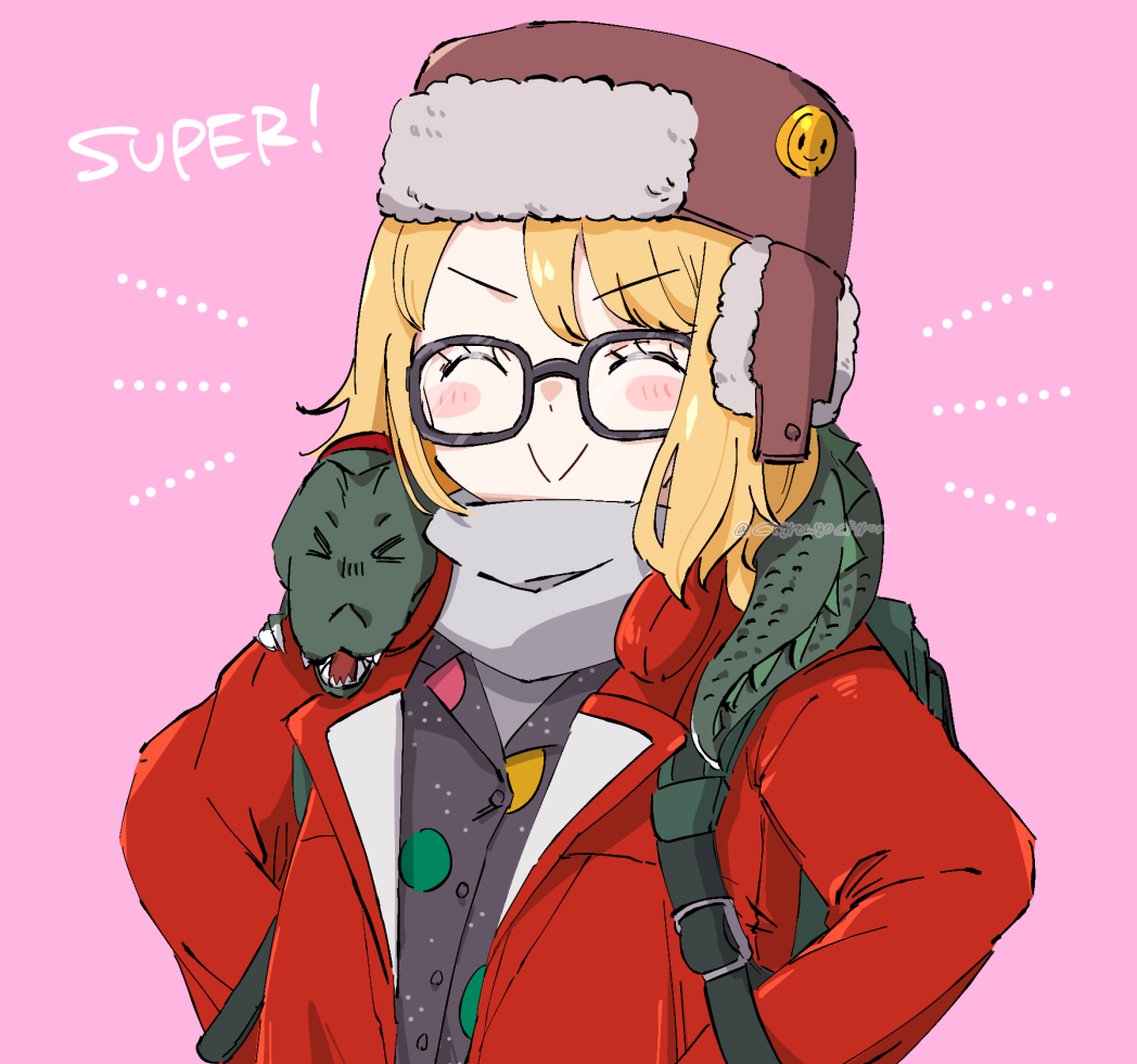 1girl, alligator, badge, bangs, black_shirt, blonde_hair, blush, breasts