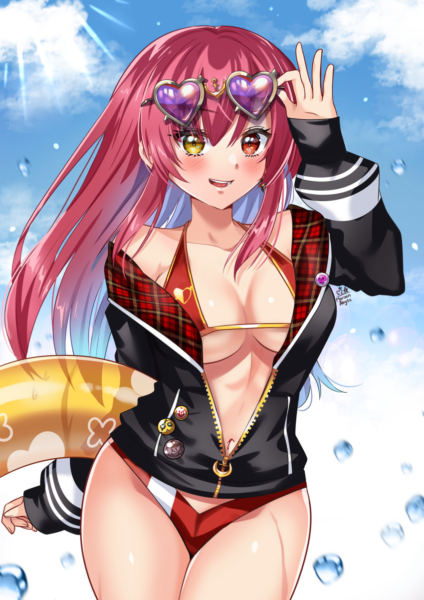 1girl, absurdres, bikini, bikini_under_clothes, black_jacket, breasts, cowboy_shot, crop_top