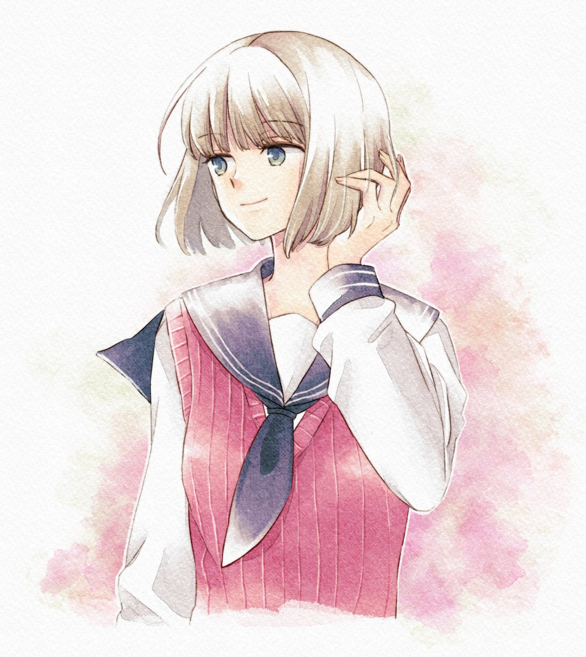 1girl, arm_at_side, bangs, black_neckerchief, blunt_bangs, bob_cut, brown_hair, closed_mouth