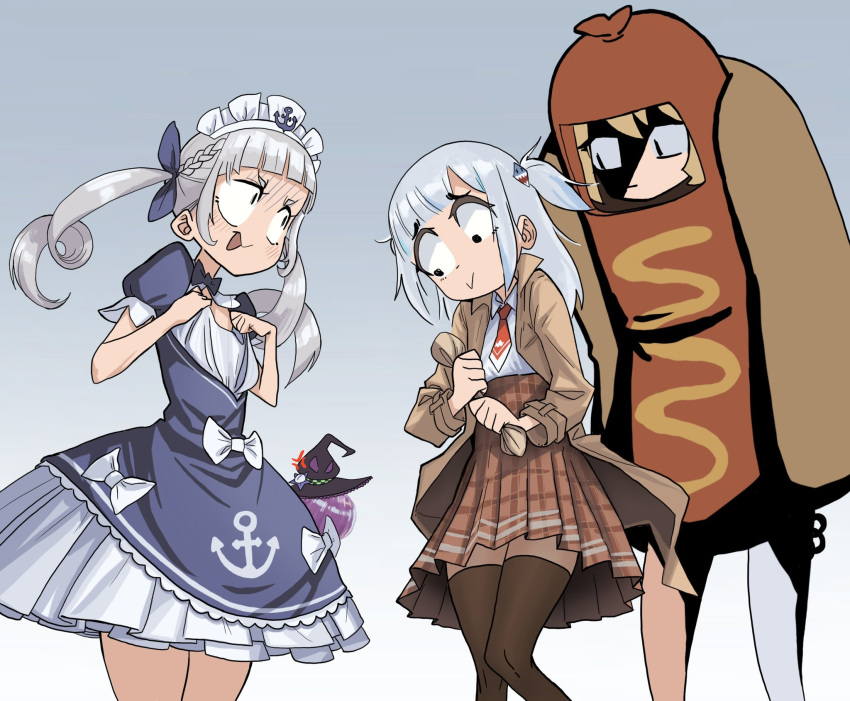 3girls, bangs, blue_dress, blue_hair, blunt_bangs, bow, cosplay, costume