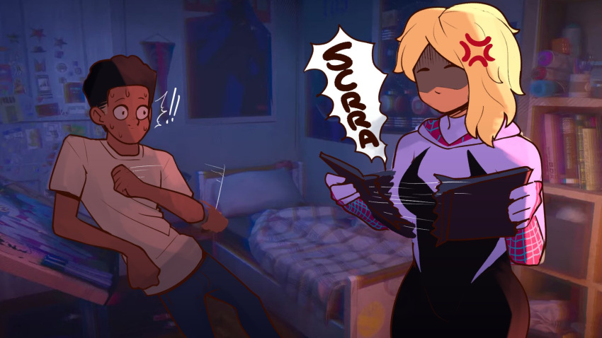 !, !!, 1boy, 1girl, anger_vein, angry, bedroom, book