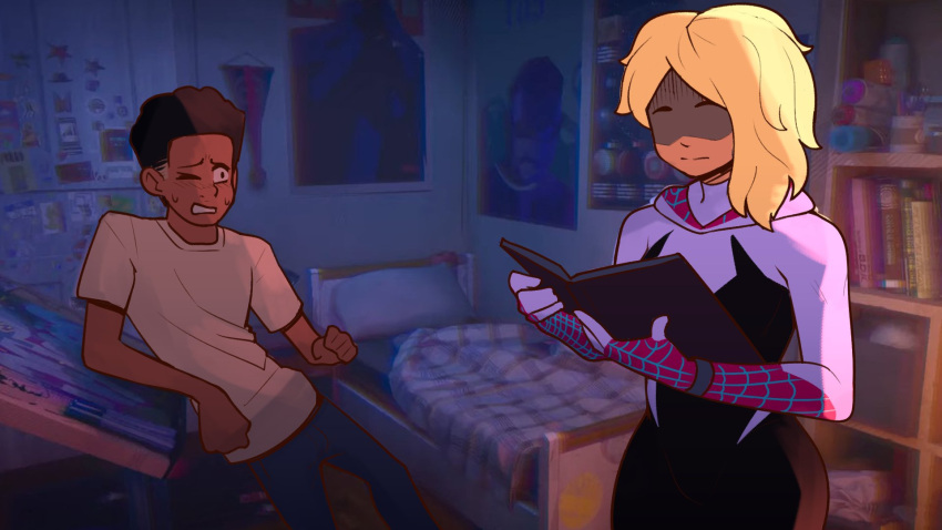 1boy, 1girl, bedroom, bodysuit, book, casual, chromatic_aberration, dark-skinned_male