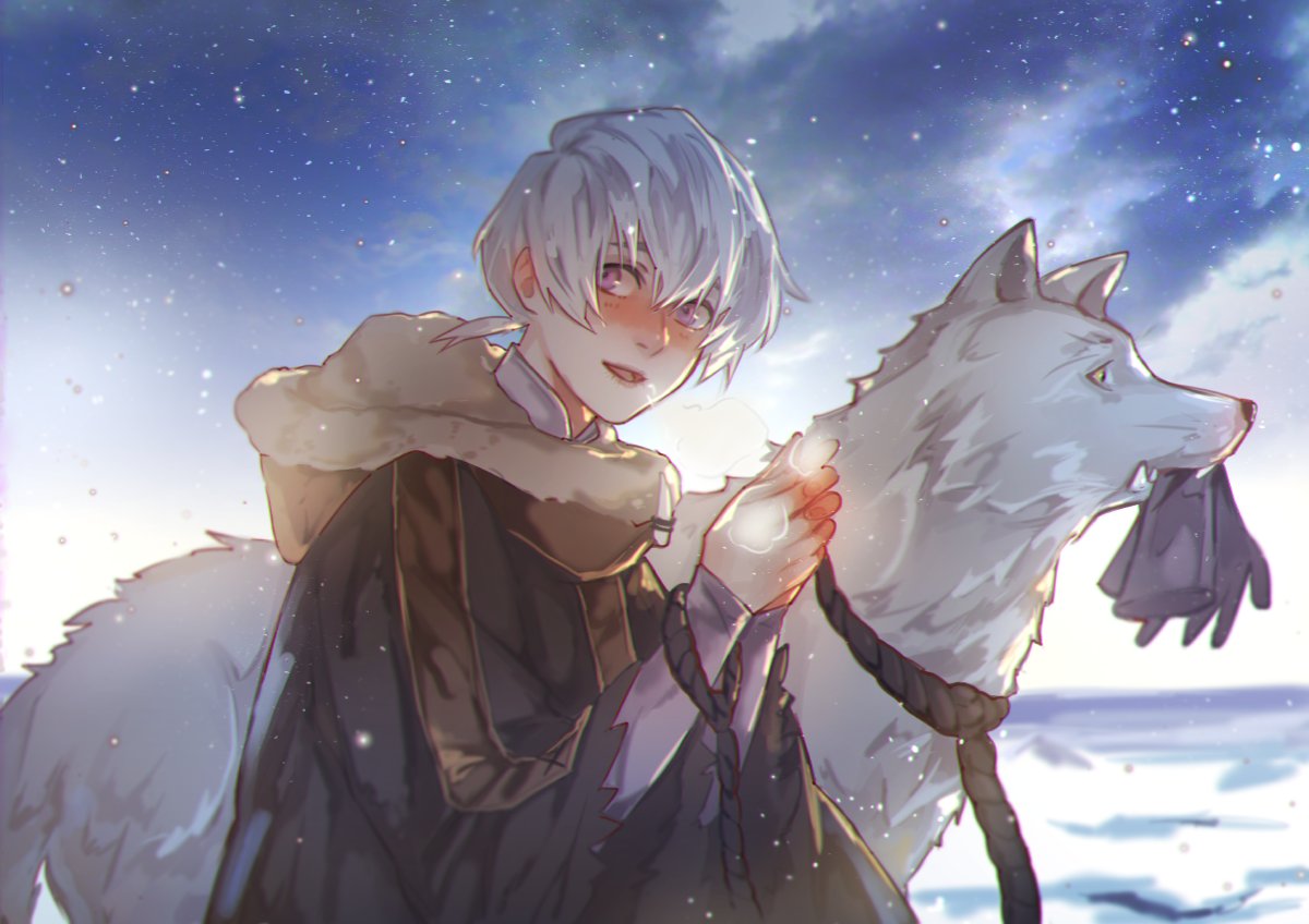 1boy, androgynous, blush, brown_coat, clouds, cloudy_sky, coat, dog