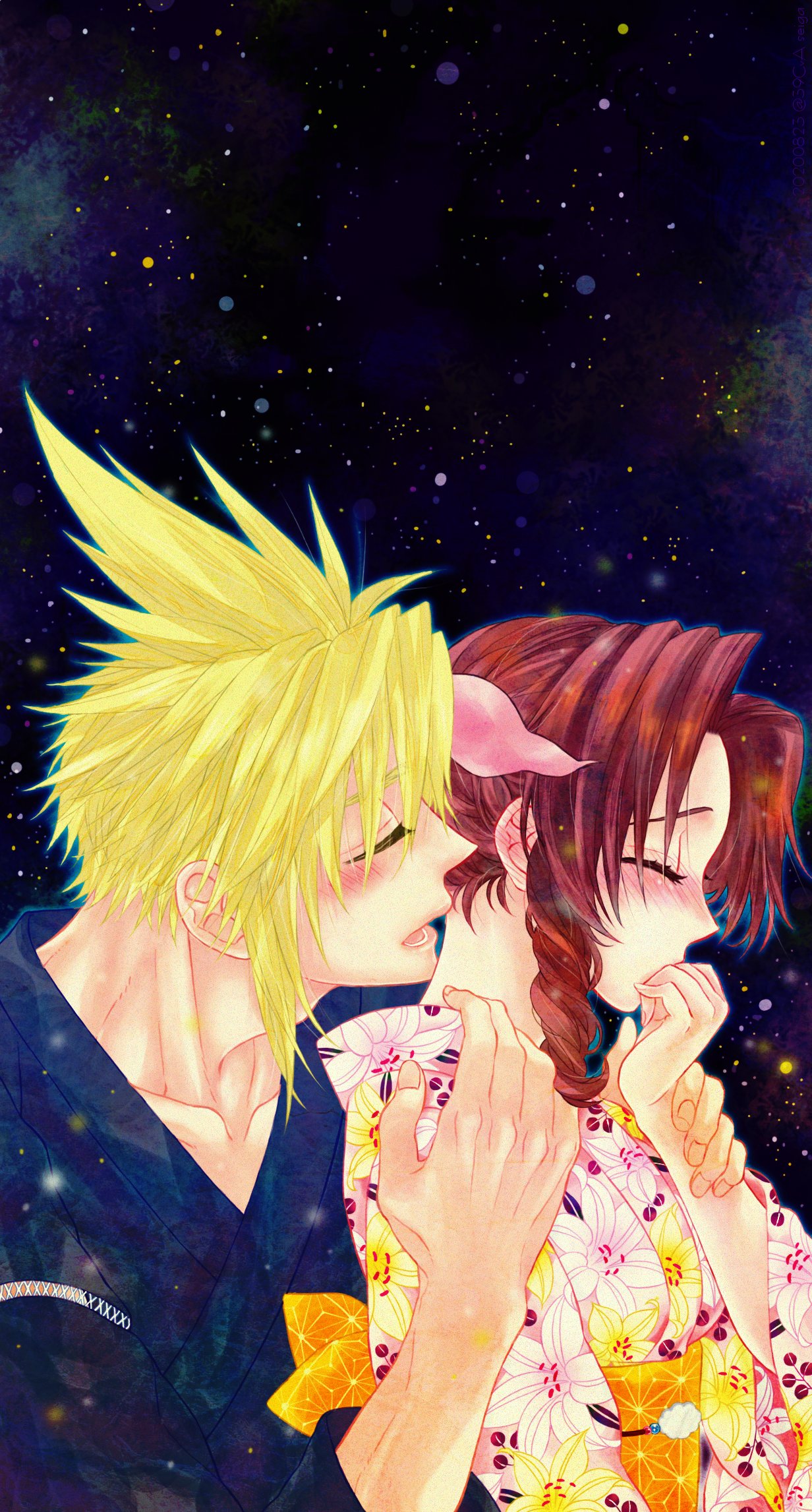 1boy, 1girl, 39cva, aerith_gainsborough, alternate_costume, bangs, blonde_hair, blush, brown_hair, closed_eyes, cloud_strife, covering_mouth, final_fantasy, final_fantasy_vii, floral_print, hair_ribbon, hand_on_another's_shoulder, hand_over_own_mouth, highres, holding_another's_wrist, hug, hug_from_behind, japanese_clothes, lower_teeth, night, night_sky, open_mouth, parted_bangs, ribbon, sidelocks, sky, spiky_hair, teeth, upper_body