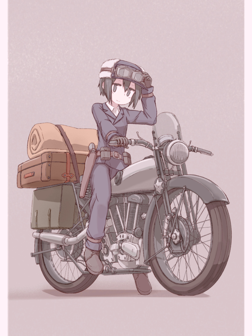 1girl, 46ganototosu-kisamawatuyokunai, adjusting_goggles, androgynous, bangs, bedroll, belt, belt_buckle