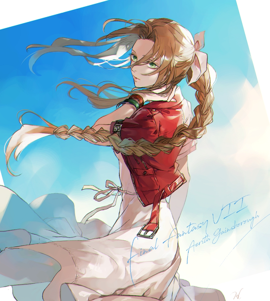 1girl, aerith_gainsborough, bangs, belt, blue_background, bracelet, braid, braided_ponytail