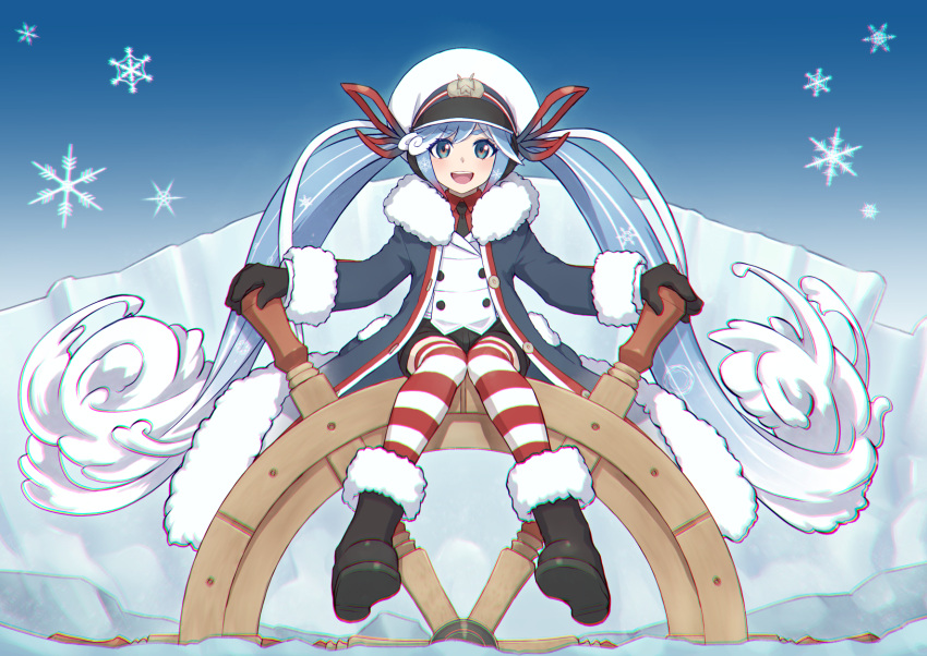1girl, blue_eyes, hat, hatsune_miku, highres, long_hair, solo, striped