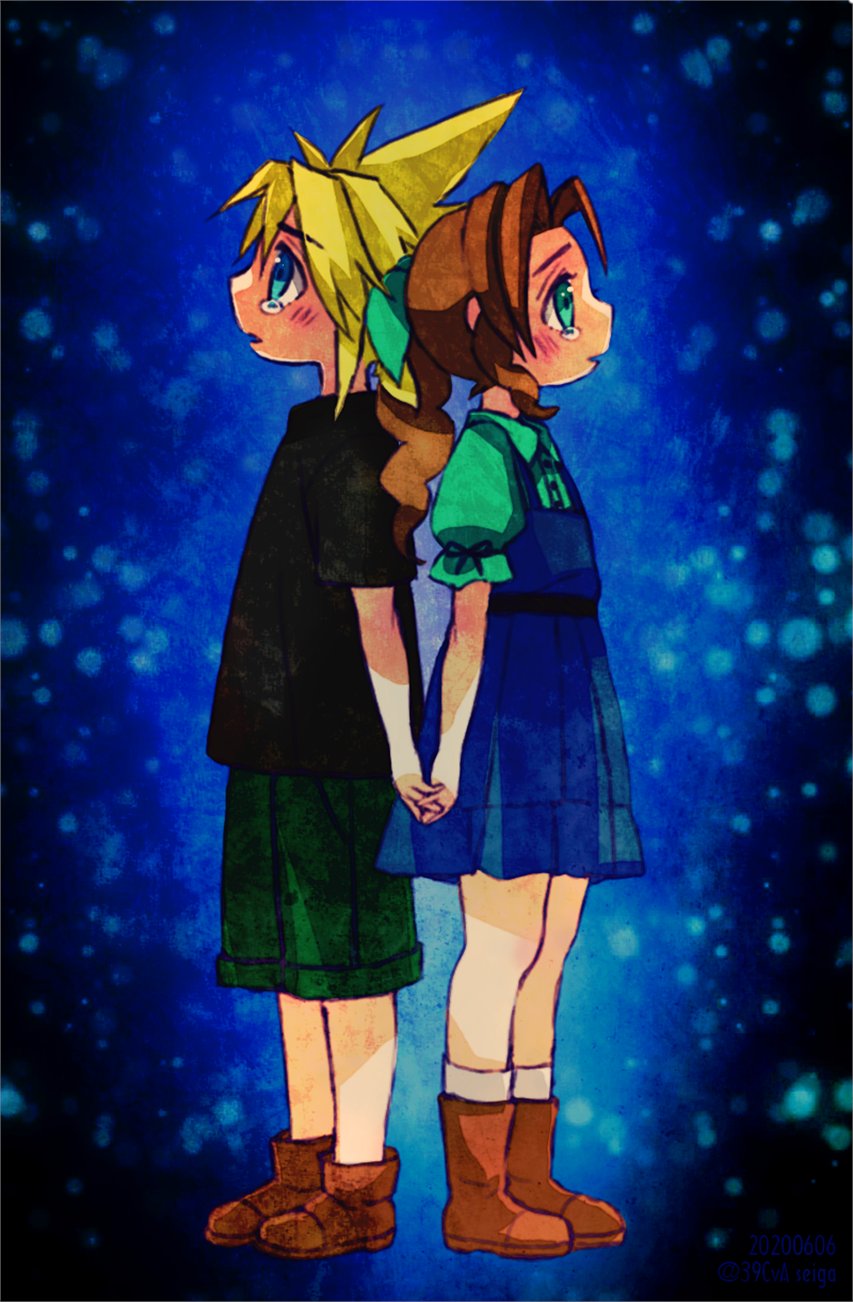 1boy, 1girl, 39cva, aerith_gainsborough, bangs, black_shirt, blonde_hair, blue_background