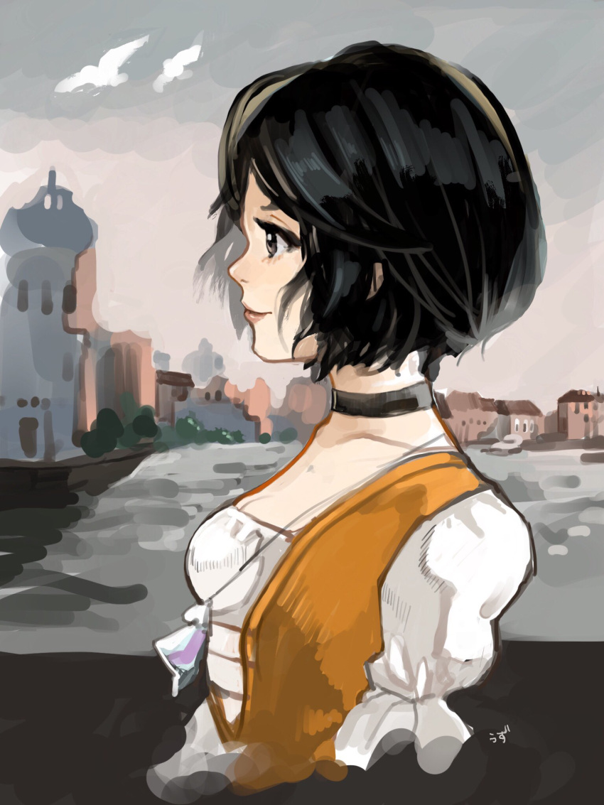 1girl, bird, black_hair, bodysuit, breasts, brown_eyes, choker, collarbone, final_fantasy, final_fantasy_ix, garnet_til_alexandros_xvii, highres, jewelry, medium_breasts, necklace, orange_bodysuit, overcast, pendant, profile, puffy_sleeves, shirt, short_hair, smile, solo, upper_body, uzutanco, white_shirt