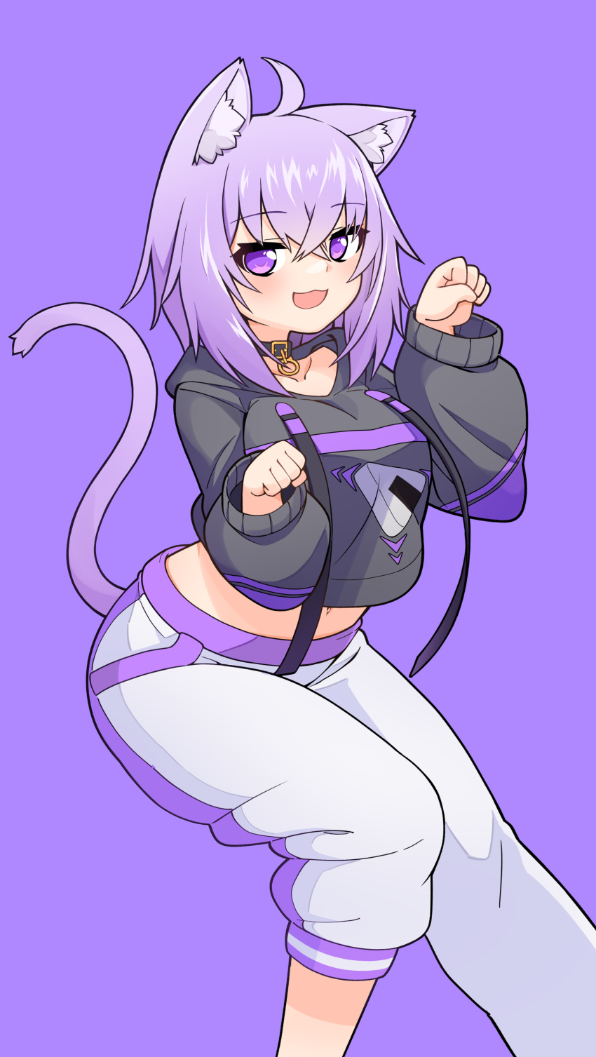 1girl, absurdres, animal_ears, black_sweater, breasts, cat_ears, cat_girl, cat_tail, choker, eyebrows_visible_through_hair, highres, hololive, jb_jagbung, medium_breasts, medium_hair, navel, nekomata_okayu, onigiri_print, pants, paw_pose, purple_hair, sweater, tail, violet_eyes, virtual_youtuber, white_pants