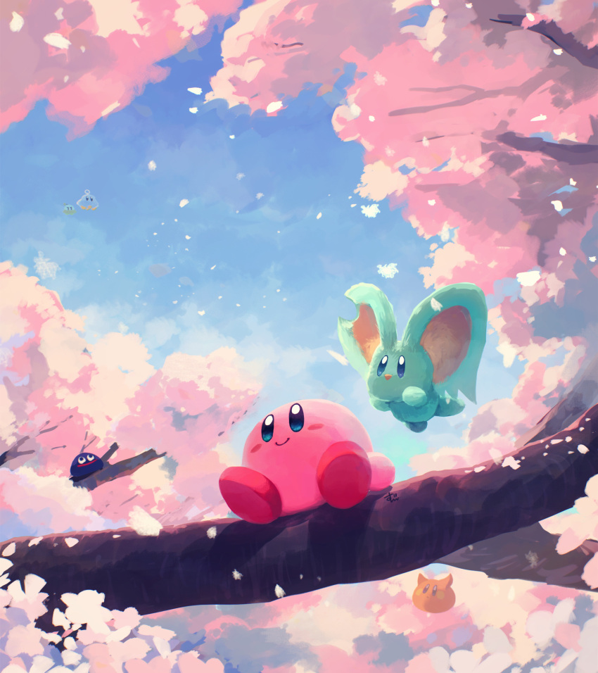 1boy, 1other, absurdres, bandana_waddle_dee, branch, cherry_blossoms, clouds, cloudy_sky