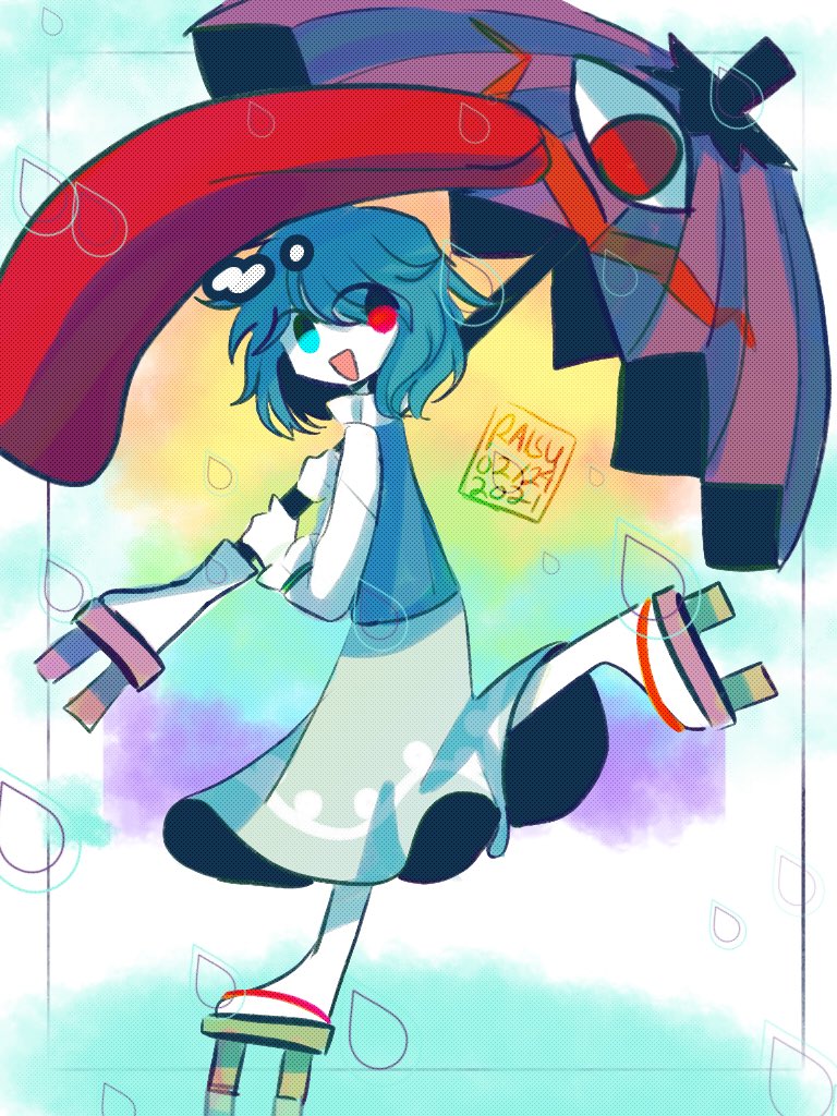 1girl, :d, aqua_skirt, blue_eyes, blue_hair, blue_vest, dated, geta