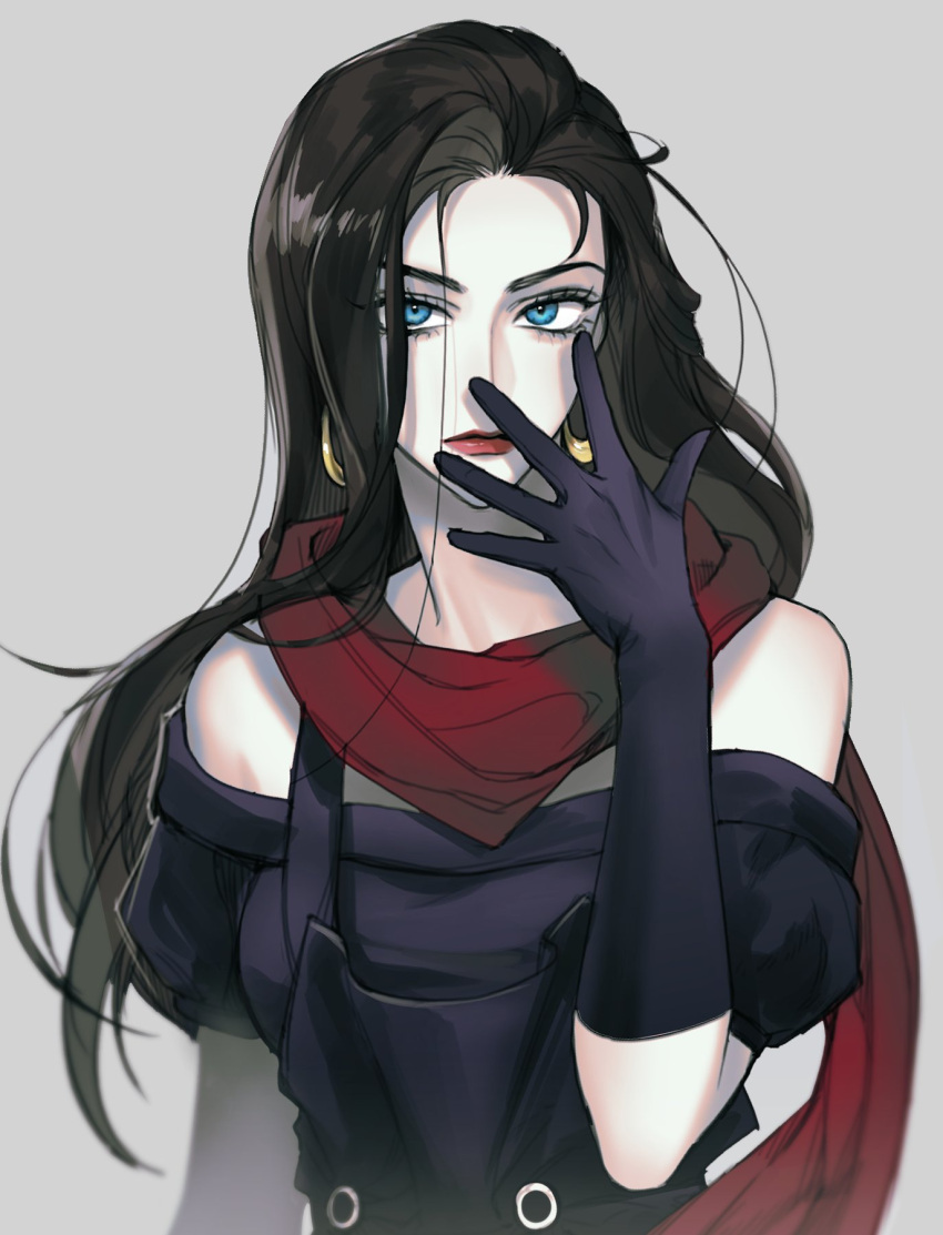 1girl, battle_tendency, black_hair, blue_eyes, dress, earrings, elbow_gloves, gloves