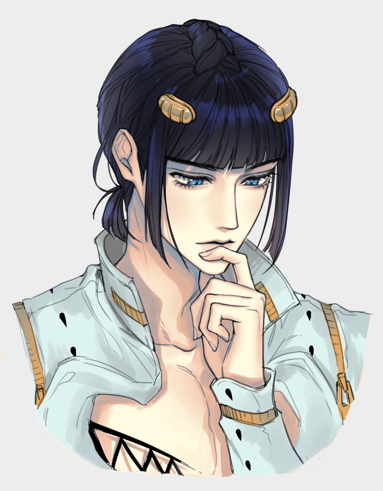 1boy, alternate_hairstyle, bangs, black_hair, blunt_bangs, bruno_buccellati, hair_ornament, hair_up