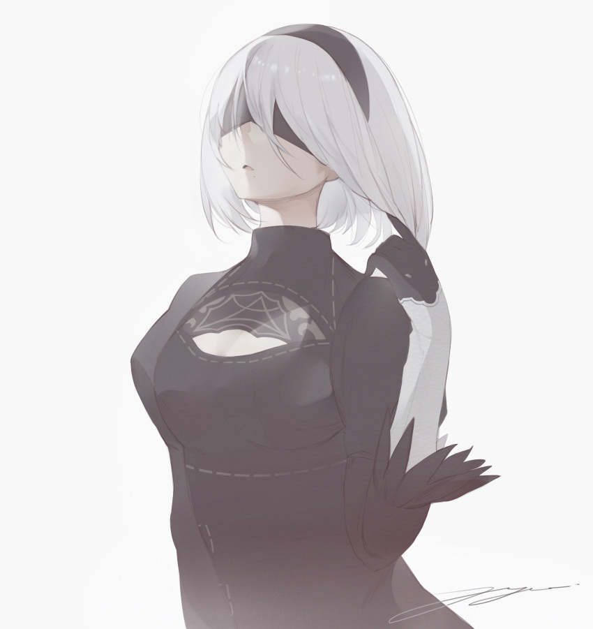 1girl, absurdres, artist_name, black_dress, black_hairband, blindfold, cleavage_cutout, clothing_cutout